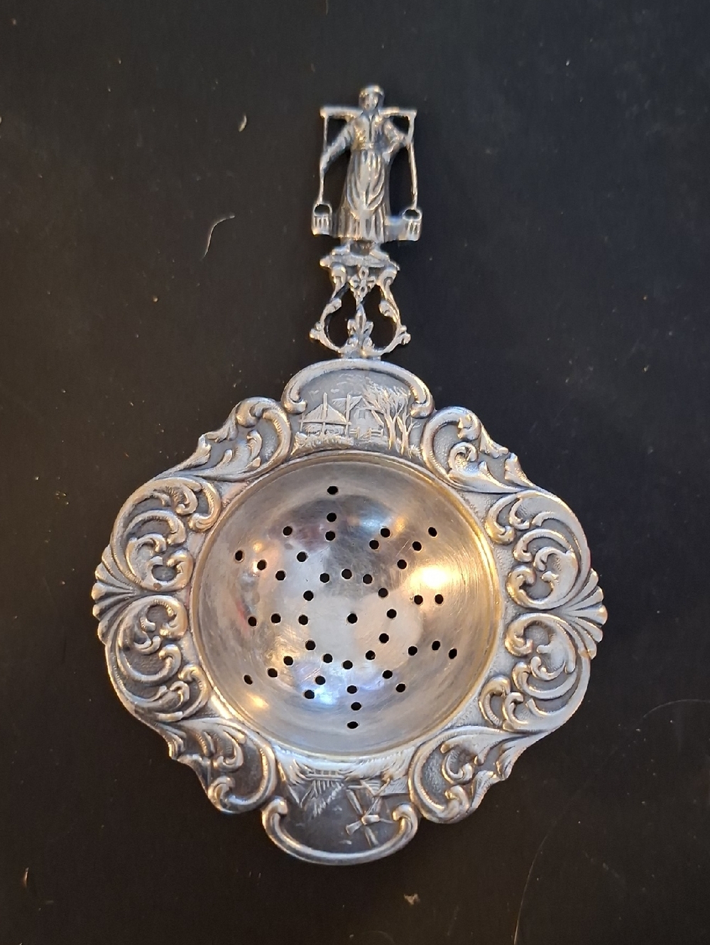 Ornate Silverplate? Holland Tea Strainer with Figurine Handle